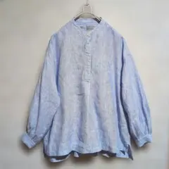 [無印良品]リネン100%青白ストライプ長袖シャツチュニックМ〜Lサイズ