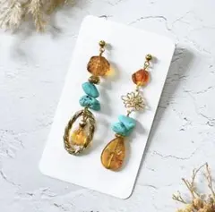 ピアス　イヤリング　ターコイズ×アンバー　ゴールド　エスニック　アシメ