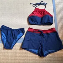 デニム調セパレート水着 3点セット レッド×ネイビーのサムネイル