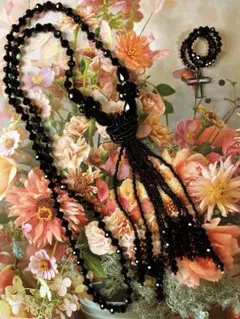 ビーズ ロングネックレス & 十字架３連リング