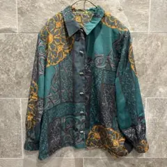 レトロ　総柄シャツ ブラウス バブリー 肩パット 長袖 グリーン a489