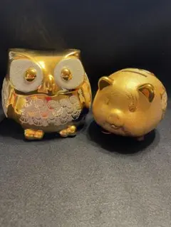 金色　フクロウ•ブダ貯金箱【2点セット】置物