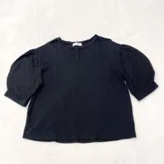 オペークドットクリップ　パフスリーブTシャツ　ブラック　カジュアル　L