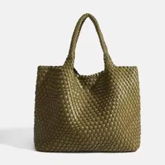美品】メッシュ編み トートバッグ 大容量 ポーチ付き オリーブグリーン 