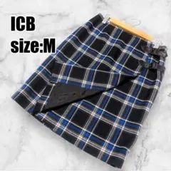 【アイシービー】ICB ひざ丈ラップスカート チェック柄 ウールスカート 美品のサムネイル