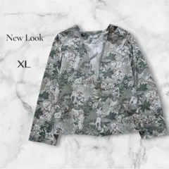 【希少・日本製】New Look 総柄 ノーカラージャケット 13号 ボタニカル