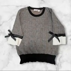 【新品未使用】チェック柄ニットトップス 五分袖