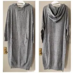 セゾンドパピヨン フード付きニットワンピース ロング グレーM 長袖 新品