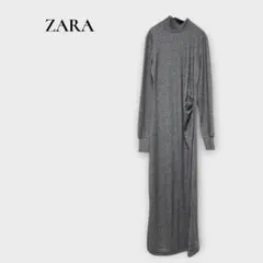 ザラ ZARA ハイネック ロングワンピース 長袖 アシメデザイン グレー M