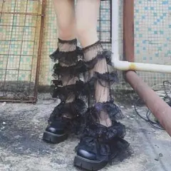 レッグウォーマーシースルー ロングフリル 韓国 ルーズソックス 黒 ハイソックス