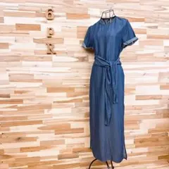 美品 アドーア ADORE リネンブレンド デニムワンピース サイドリボン