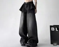 ペプラム付き デニムワイドパンツ ブラックのサムネイル