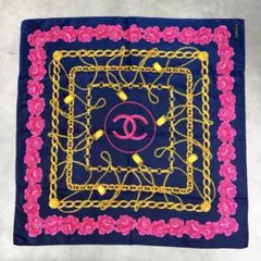 CHANEL シルク　大判　スカーフ ネイビー ピンク チェーン柄　ココマークのサムネイル