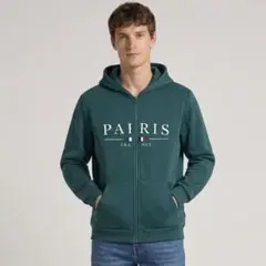 メンズ フルジップ ジップパーカー PARIS パリ柄 グリーン S カジュアル