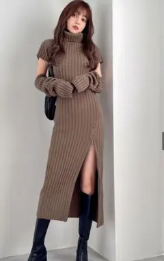 セクシー　ブラウンリブニットロングワンピース　冬　オシャレ　モデル　デート服