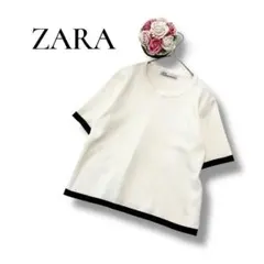 ZARA ザラ　レディース　半袖ニット　バイカラー　ホワイト　ブラック　Lサイズ