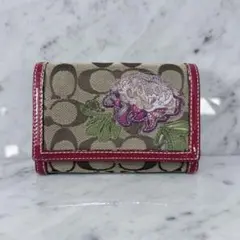 COACH コーチ 花柄刺繍 二つ折り財布 ワインレッド キャンバス レザー