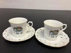 ナルミ　コーヒーカップ、ソーサーペアセット 幸せを呼ぶゾウ柄 ボーンチャイナ
