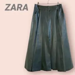 ZARA プリーツロングスカート　フェイクレザー　ダークグリーン　レディース/M