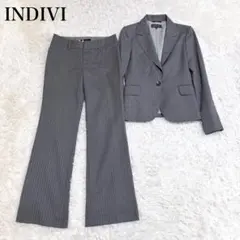 美品INDIVIレディースパンツスーツセットアップ（L）ペンシルストライプ 美品 INDIVI パンツスーツ セットアップ 38サイズ グレー ストライプ