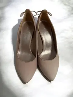 銀座かねまつ バックリボンパンプス 22.5cm D ピンクベージュ スエード