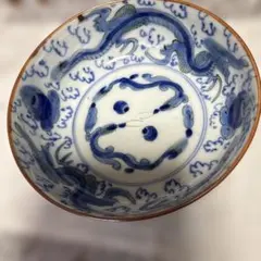 最終処分特価サービス品染付三つ丼のうち大　大鉢ドラゴンと宝珠面白い絵付けNo.1