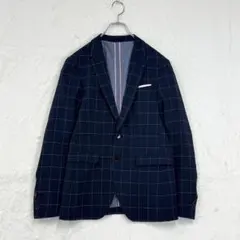ザラマン【EUR44】紺 格子柄 テーラードジャケット 2B 肩パッド きれいめ