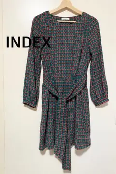 INDEX インデックス　チェック柄 長袖ワンピース　シャツワンピース　グリーン