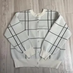 アイボリー チェック柄 ニットカーディガン