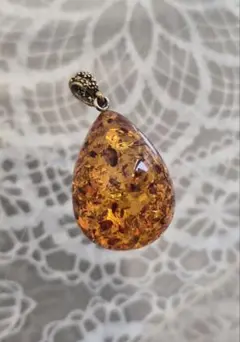 巨大 琥珀 ペンダントトップ SILVER 彫金作品 ネックレス アンバー
