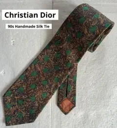 クリスチャンディオール 90sハンドメイド シルクタイ 金茶ペイズリー×緑ドッド