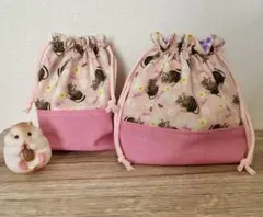 ハンドメイド　みつばちデグー柄　お弁当袋　コップ袋　巾着袋