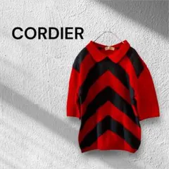 【CORDIER】コルディア　半袖ニットセーター　赤×黒　肩パッド　アンゴラ混