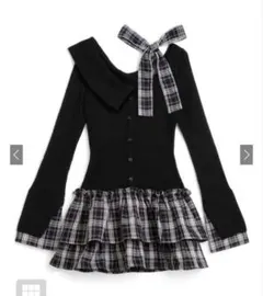 チェック柄ドッキングワンショルダーリボンフリルニットワンピース[pm785]