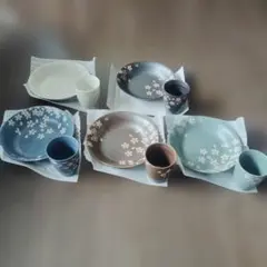 桜模様 食器セット 5色揃い 皿5枚 カップ5個