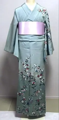 美品　更紗花模様　上品な訪問着 薄緑色身丈162.5㎝正絹　袷