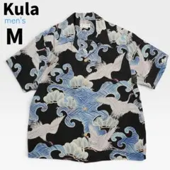 美品【Kula】エターナル アロハシャツ M シルク100% 鶴 松 ブラックのサムネイル