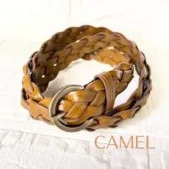 キャメルレザー編み込みベルト レディース 細ベルトアクセント