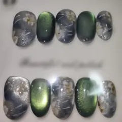 と*と様 グリーン花柄ネイルチップセットLsize