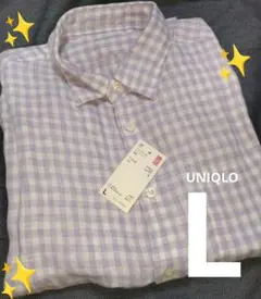 【新品】UNIQLO プレミアムリネン チェックシャツ (長袖・パープル )L