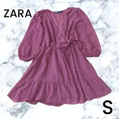 ザラ パープル ドット柄 裏地ショートパンツ シースルー 七分袖ミニワンピースS