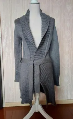 新品タグ付きINGNIイング グレーロングカーディガン ウエストリボン付き M