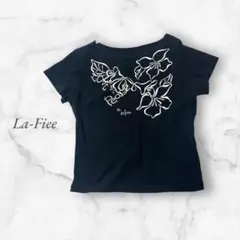 La-fie☆Tシャツ　半袖　ボートネック　花柄　プリント　黒　コットン　日本製