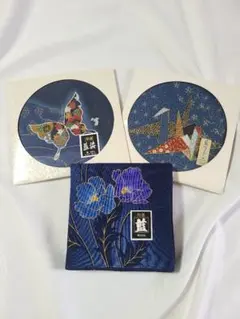 藍染 折り鶴 蝶々 花柄デザイン 和柄 ハンカチ 大判ハンカチ３点セット