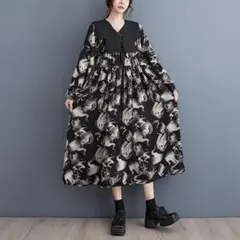 新品 大きいサイズ ゆったり 花柄 レトロ ワンピース ショール 黒 春 秋冬