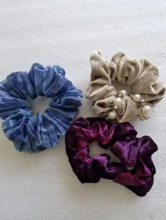 シュシュ3個セット（青・ベージュ・紫）