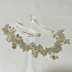 小枝 リーフ ビジュー パール ヘッドドレス ウェディング　シルバー　クリスタル