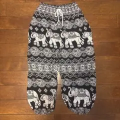 キッズ エスニック柄 ロングパンツ 象柄 ブラック タイパンツのサムネイル
