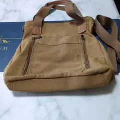 ブラウン コットントートバッグショルダーバッグ　ジッパーポケット付き