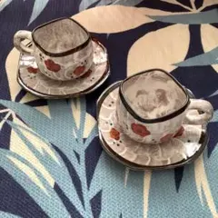 陶器 カップ＆ソーサー 2客セット 梅柄